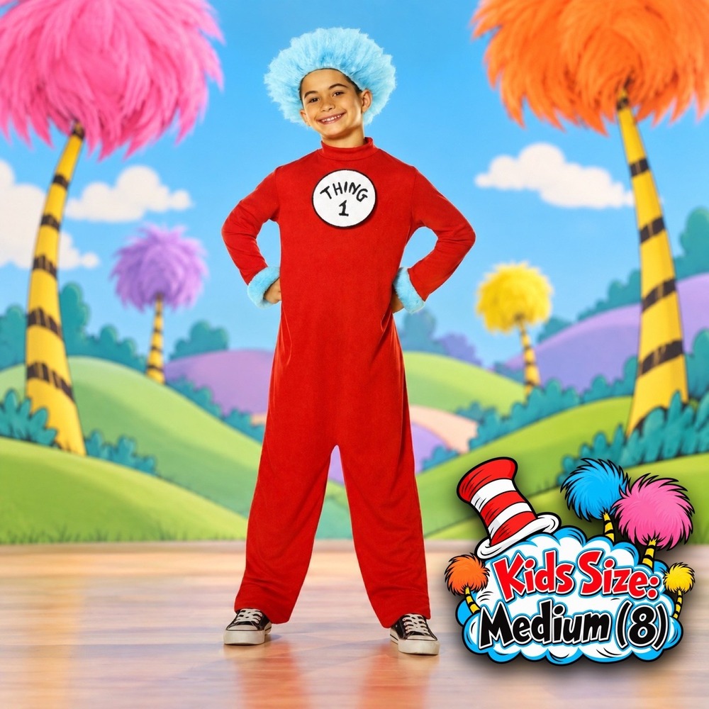 Dr. Seuss Thing 1 & 2 Costume Kids Medium 8 Red Jumpsuit Blue Wig 4pc Set Youth